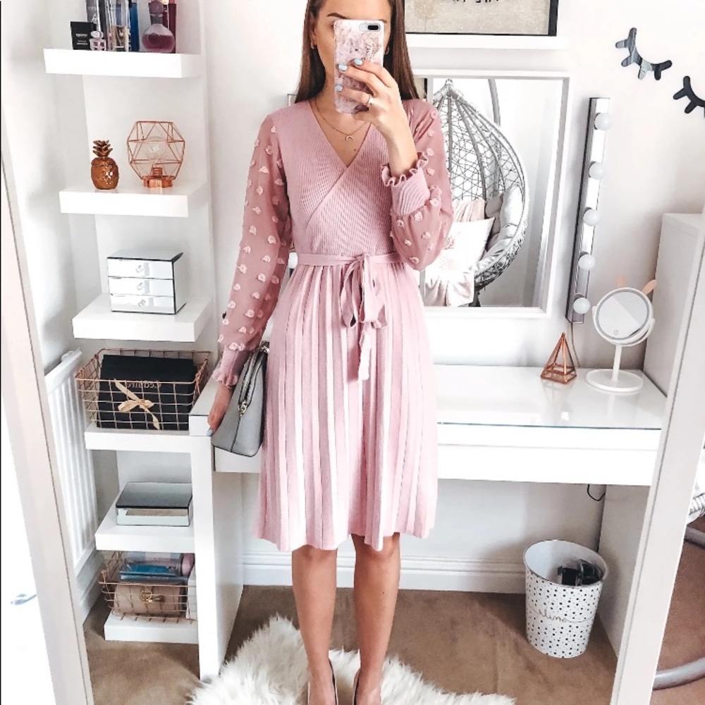 “The Gloria” Beige Pleated Sweater Dress - Picture 6 of 8